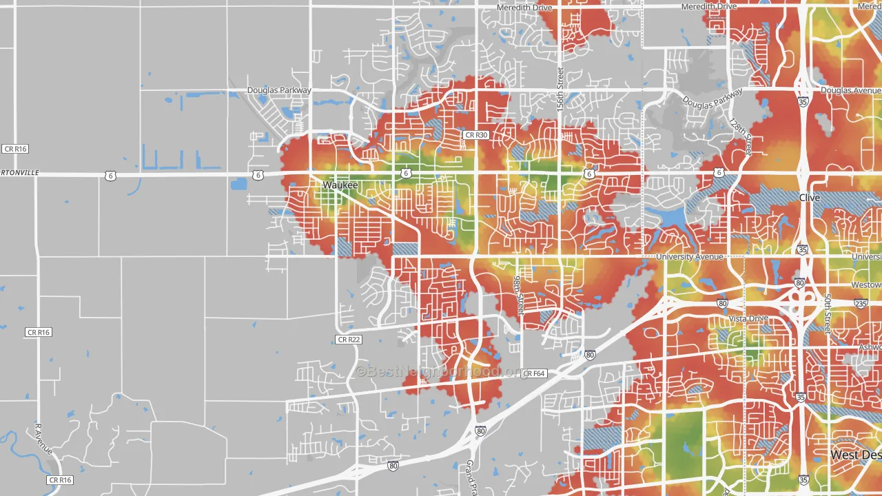 Walk Grade map of 50263, IA, walkable areas in green and car-dependent areas in red