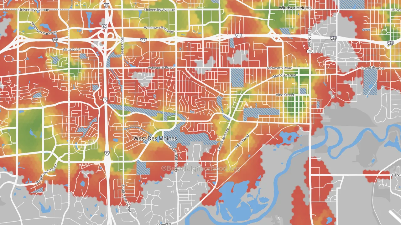 Walk Grade map of 50265, IA, walkable areas in green and car-dependent areas in red