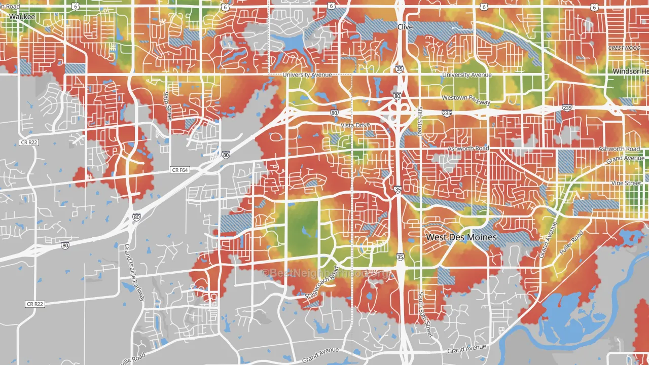 Walk Grade map of 50266, IA, walkable areas in green and car-dependent areas in red