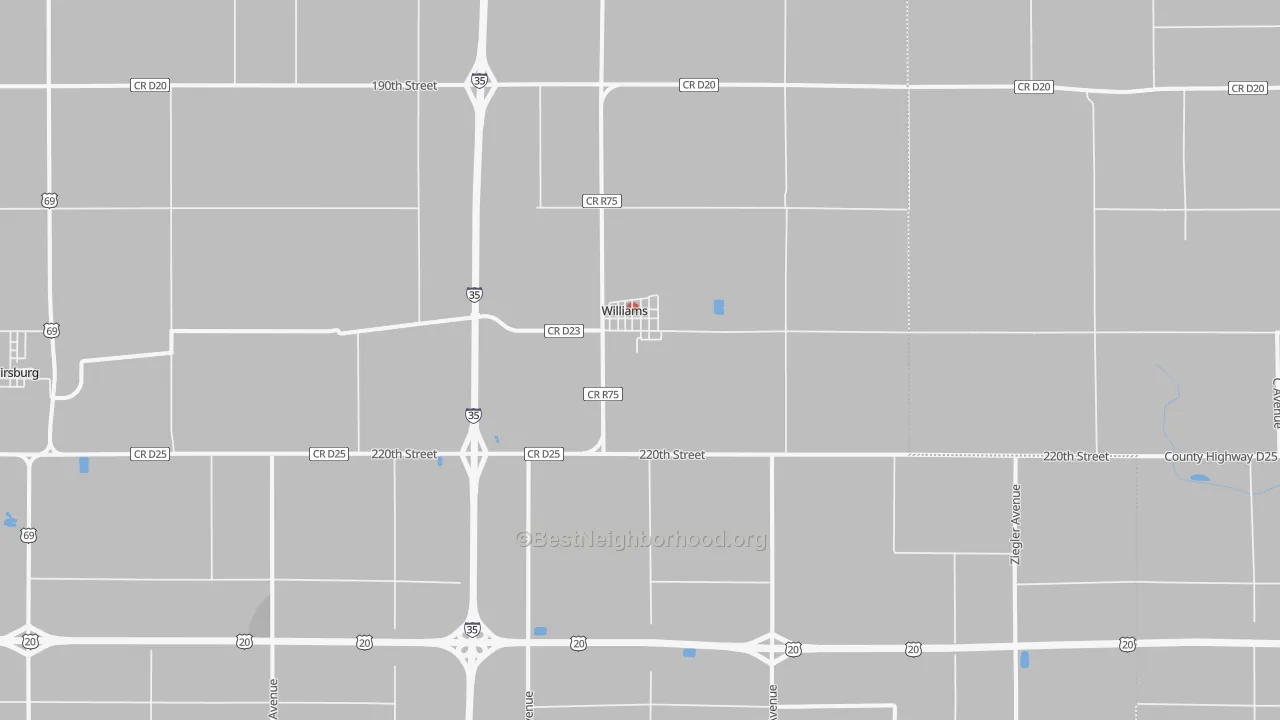 Walk Grade map of 50271, IA, walkable areas in green and car-dependent areas in red
