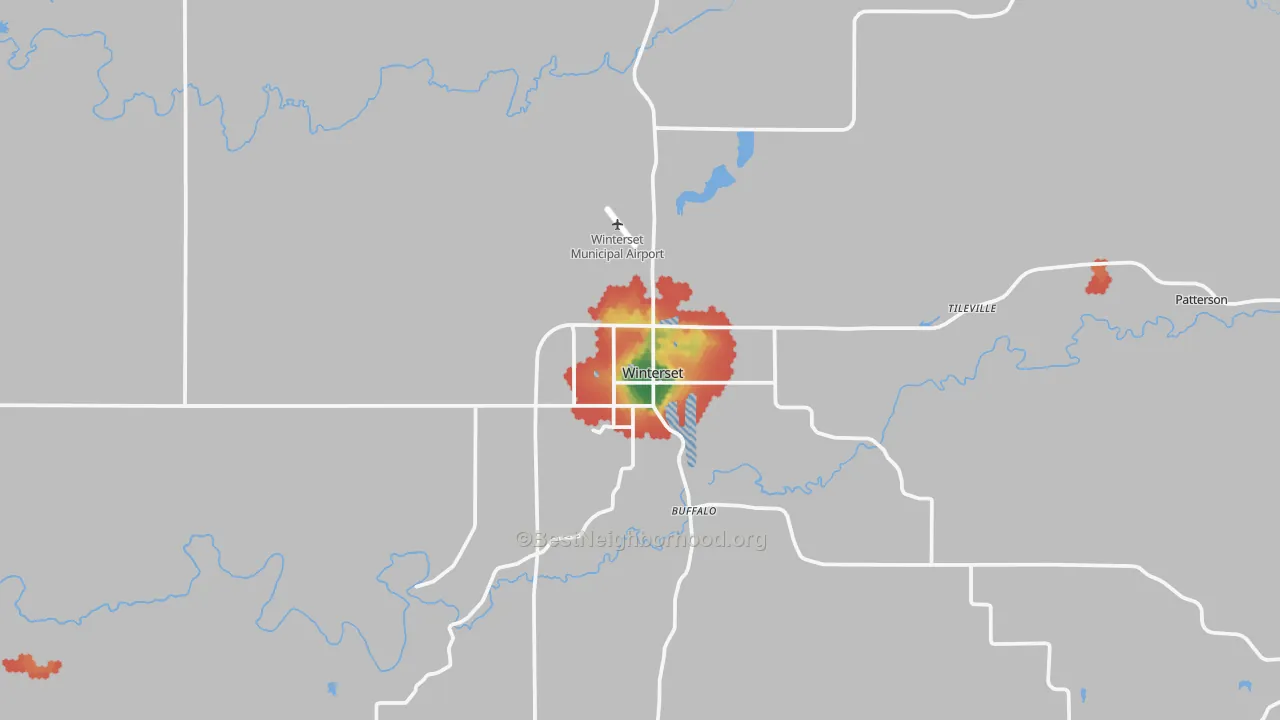Walk Grade map of 50273, IA, walkable areas in green and car-dependent areas in red