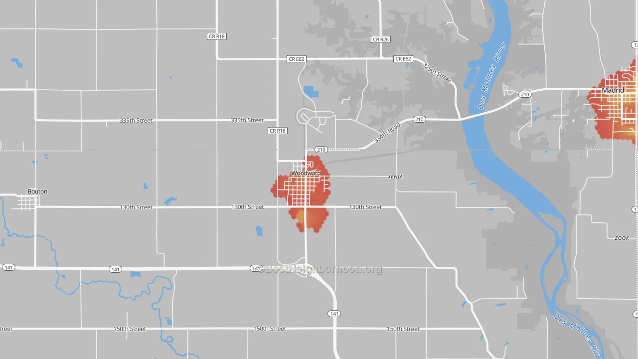 Walk Grade map of 50276, IA, walkable areas in green and car-dependent areas in red