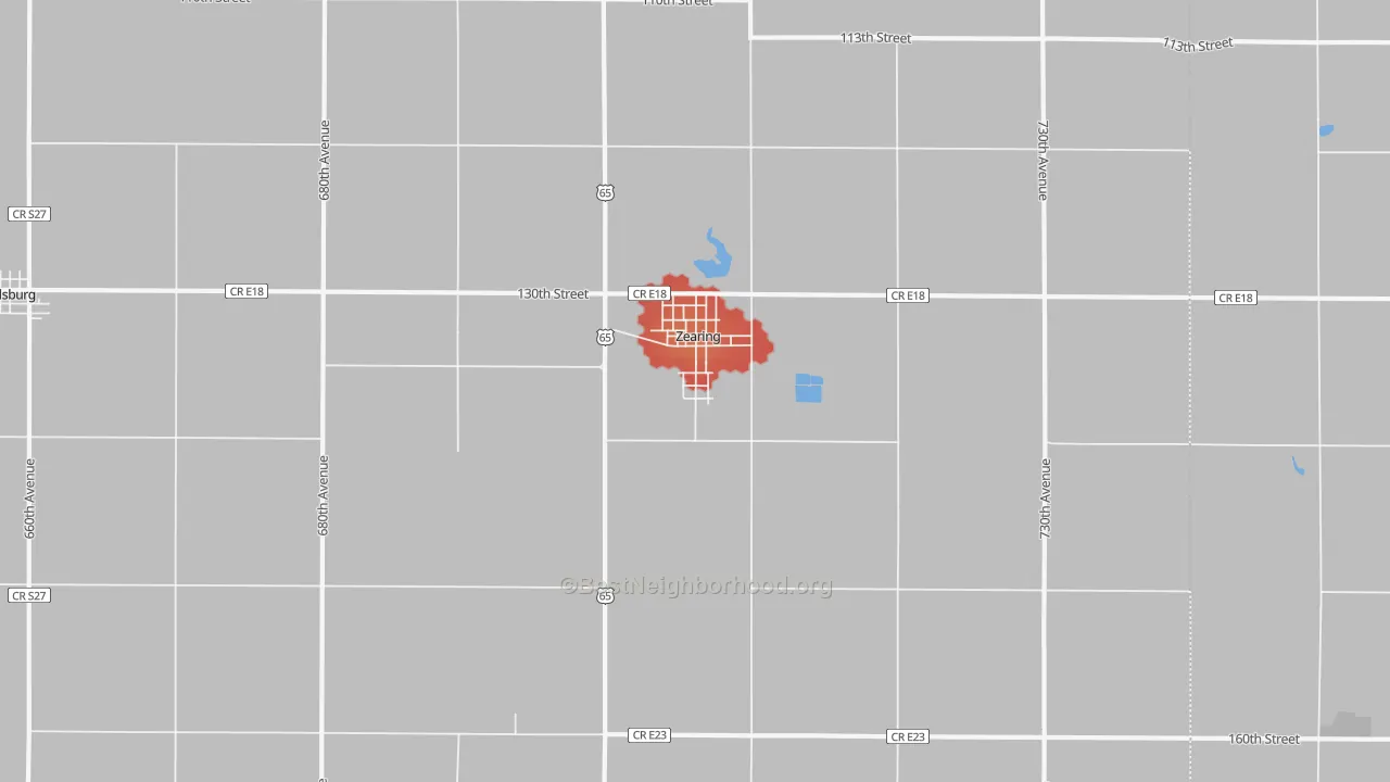 Walk Grade map of 50278, IA, walkable areas in green and car-dependent areas in red
