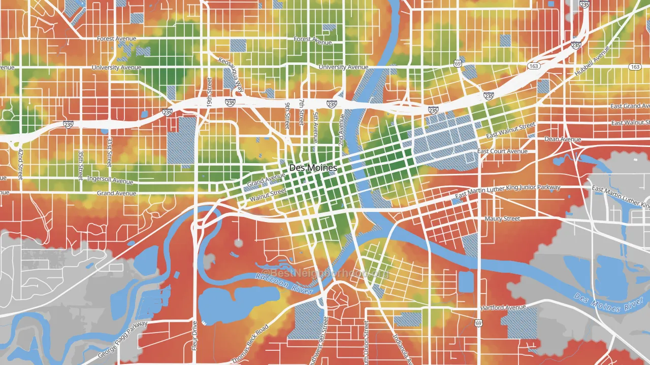 Walk Grade map of 50309, IA, walkable areas in green and car-dependent areas in red