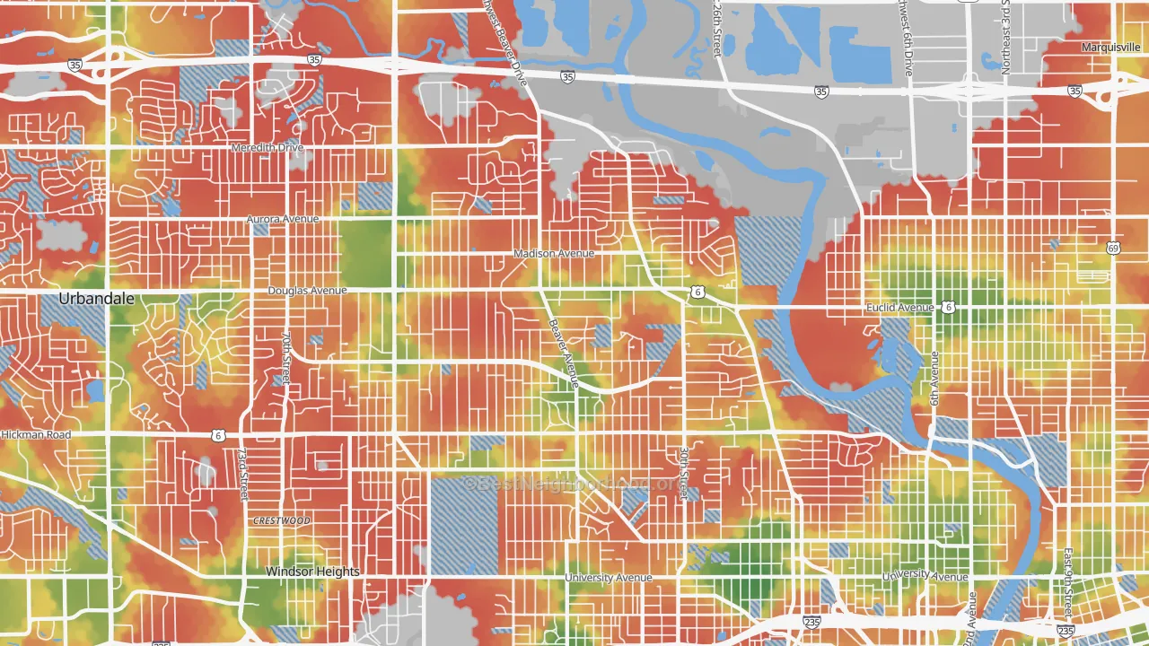 Walk Grade map of 50310, IA, walkable areas in green and car-dependent areas in red