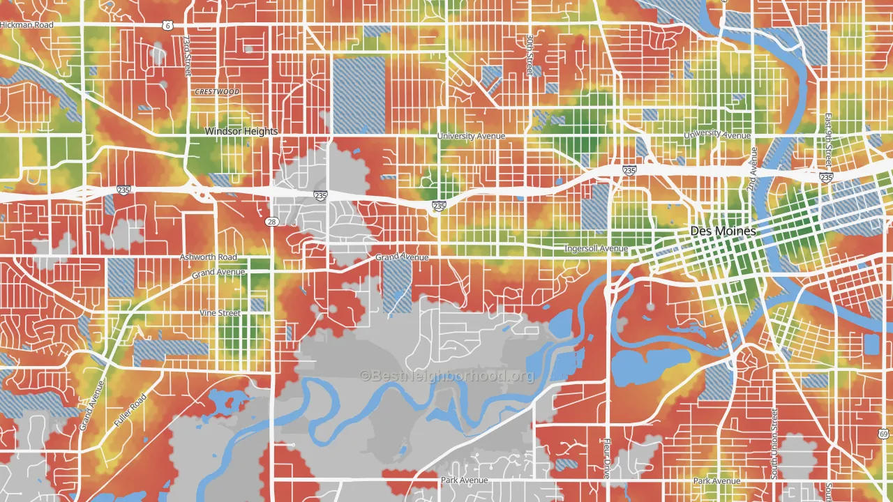Walk Grade map of 50312, IA, walkable areas in green and car-dependent areas in red