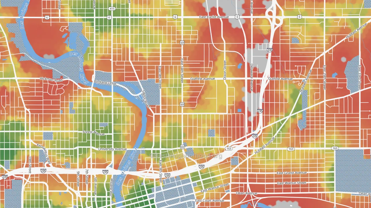 Walk Grade map of 50316, IA, walkable areas in green and car-dependent areas in red