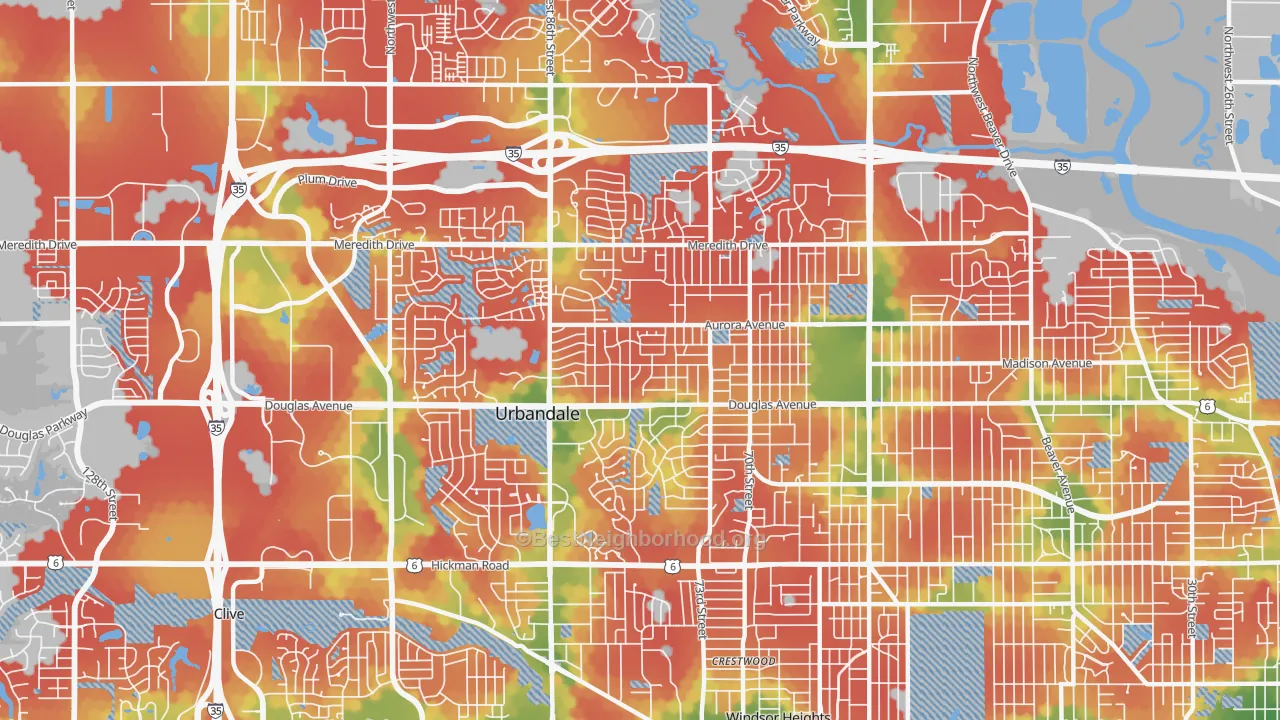 Walk Grade map of 50322, IA, walkable areas in green and car-dependent areas in red