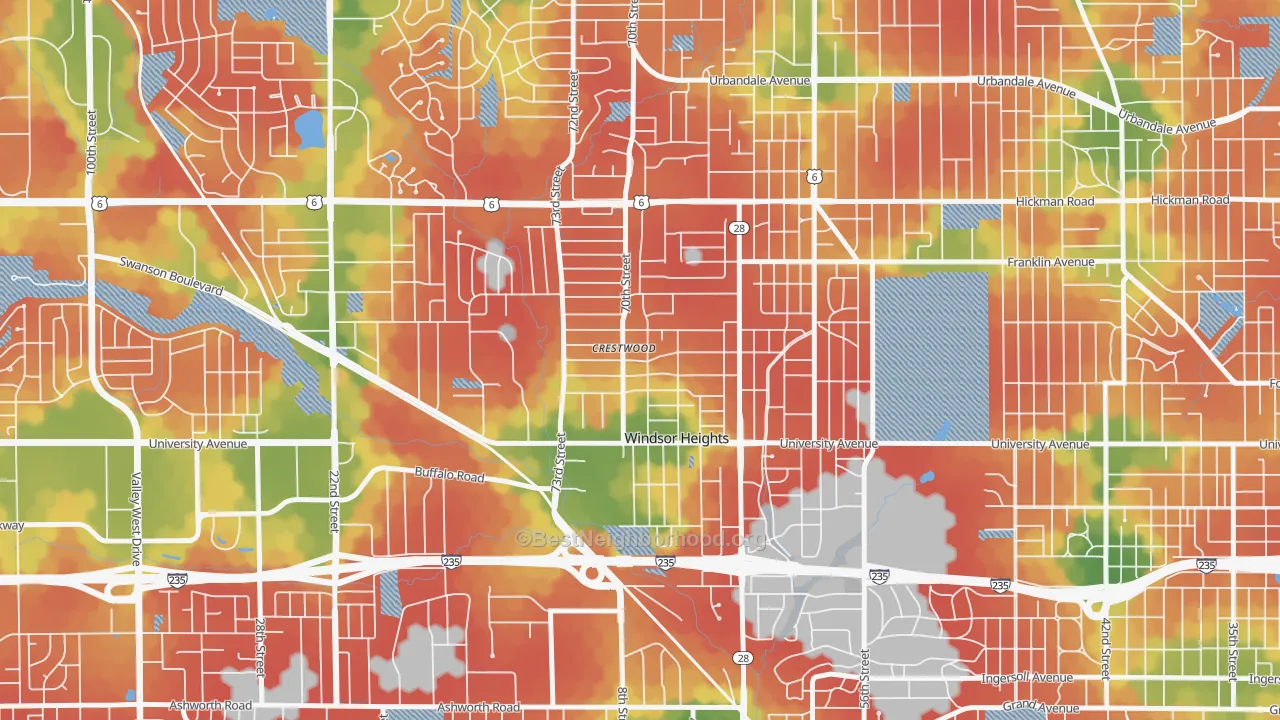 Walk Grade map of 50324, IA, walkable areas in green and car-dependent areas in red