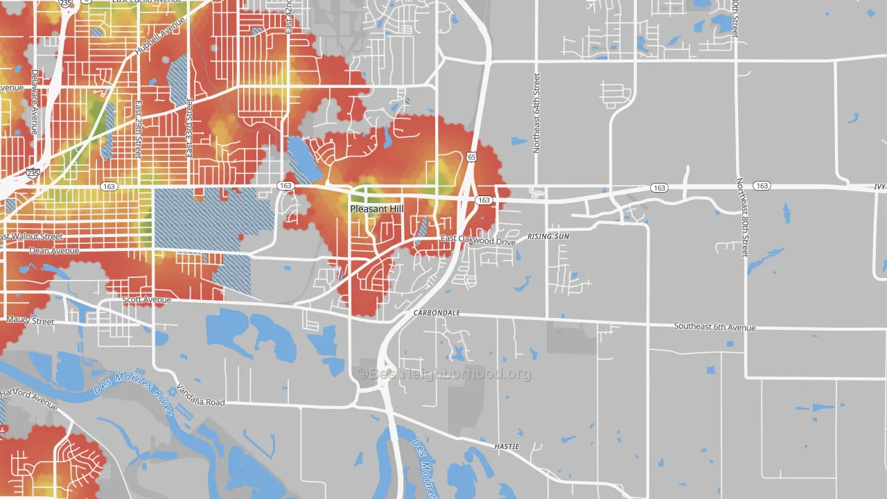 Walk Grade map of 50327, IA, walkable areas in green and car-dependent areas in red