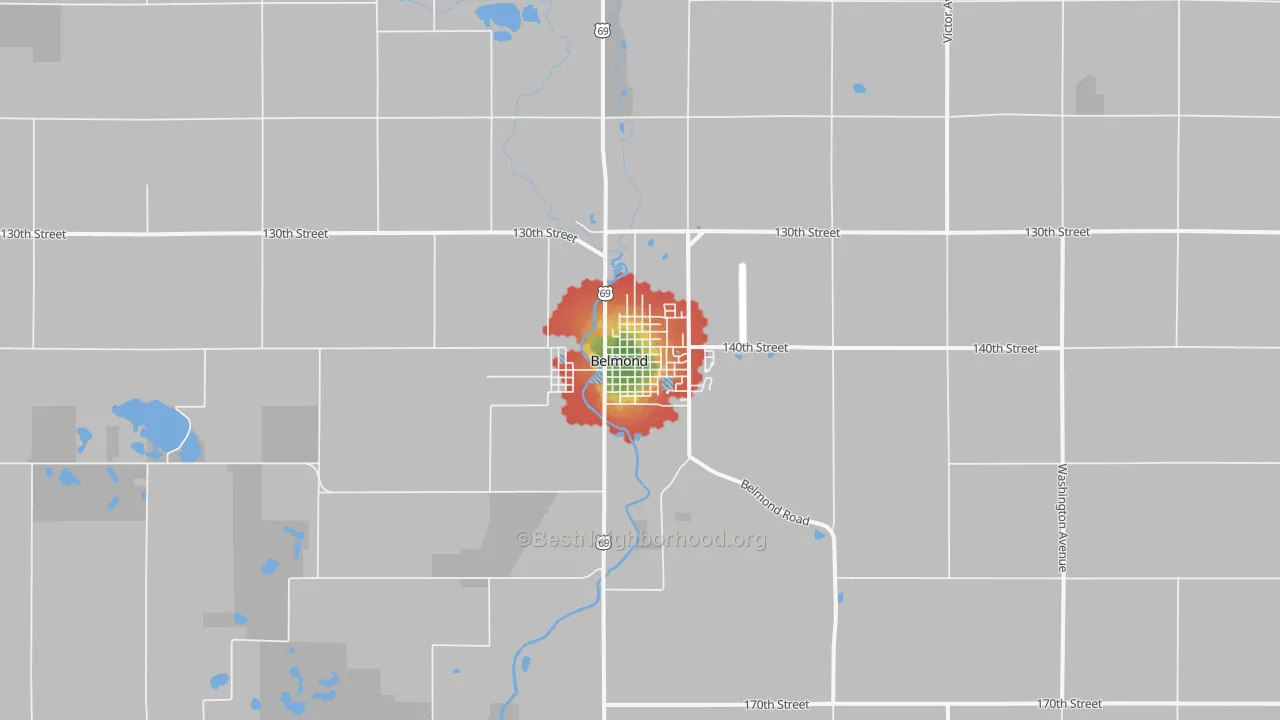 Walk Grade map of 50421, IA, walkable areas in green and car-dependent areas in red