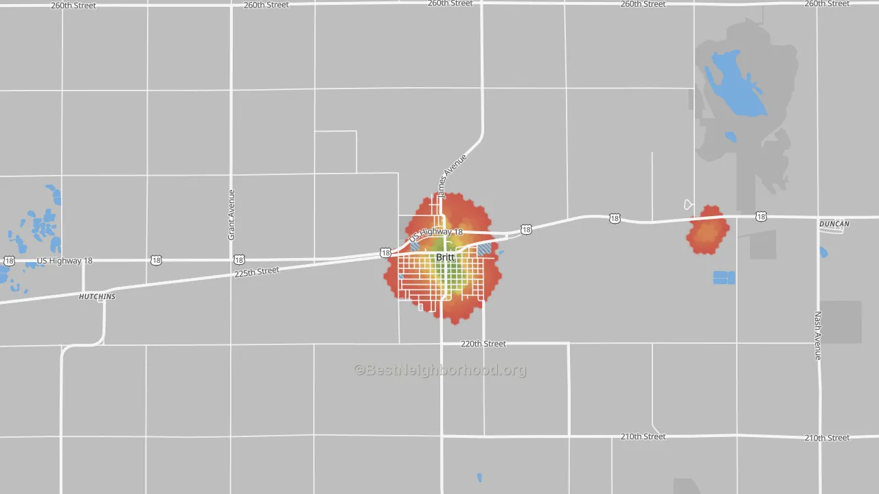 Walk Grade map of 50423, IA, walkable areas in green and car-dependent areas in red