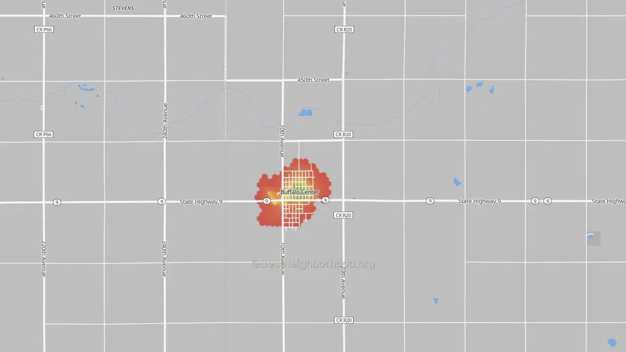 Walk Grade map of 50424, IA, walkable areas in green and car-dependent areas in red