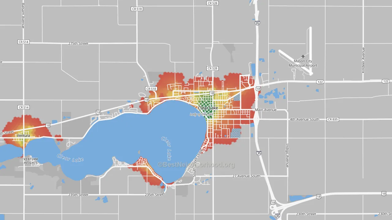 Walk Grade map of 50428, IA, walkable areas in green and car-dependent areas in red