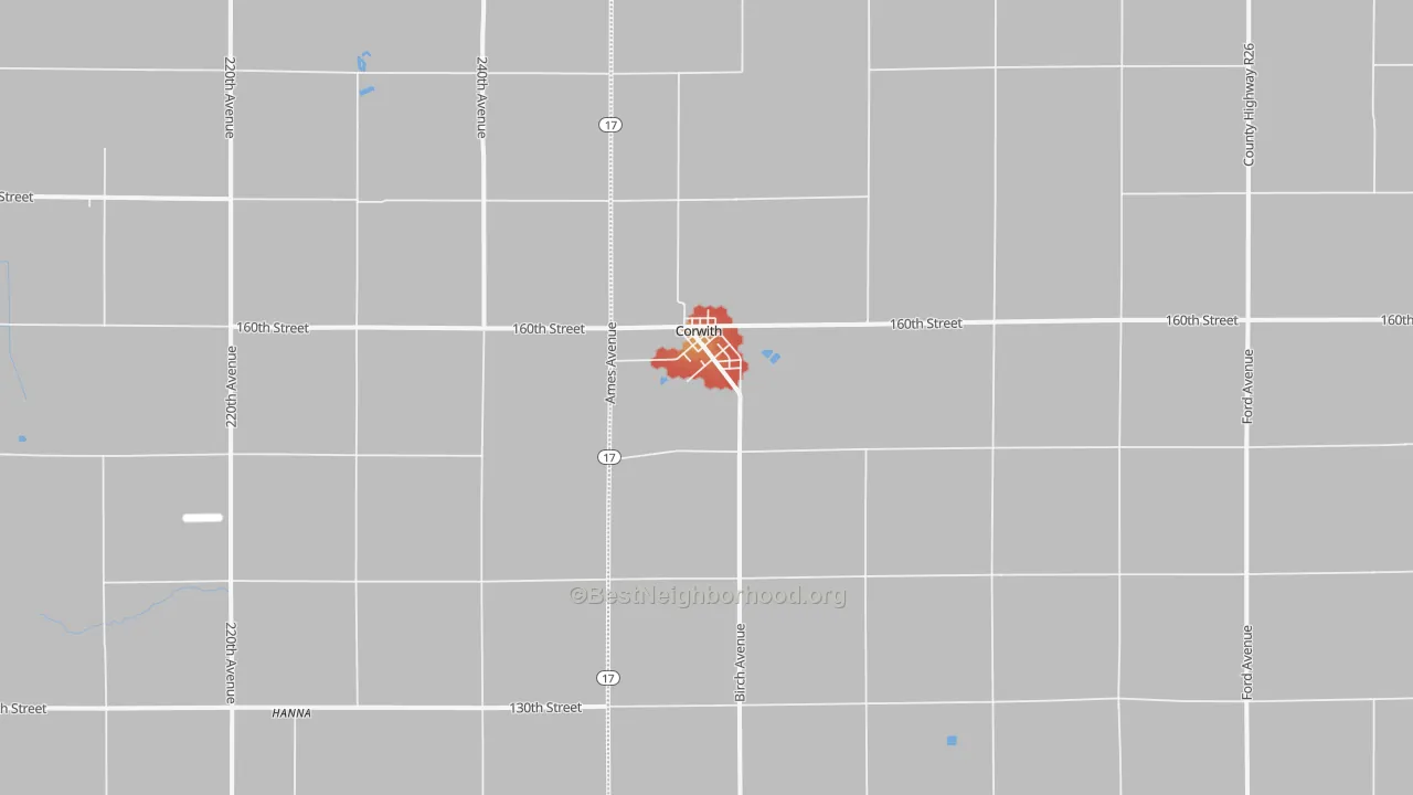 Walk Grade map of 50430, IA, walkable areas in green and car-dependent areas in red