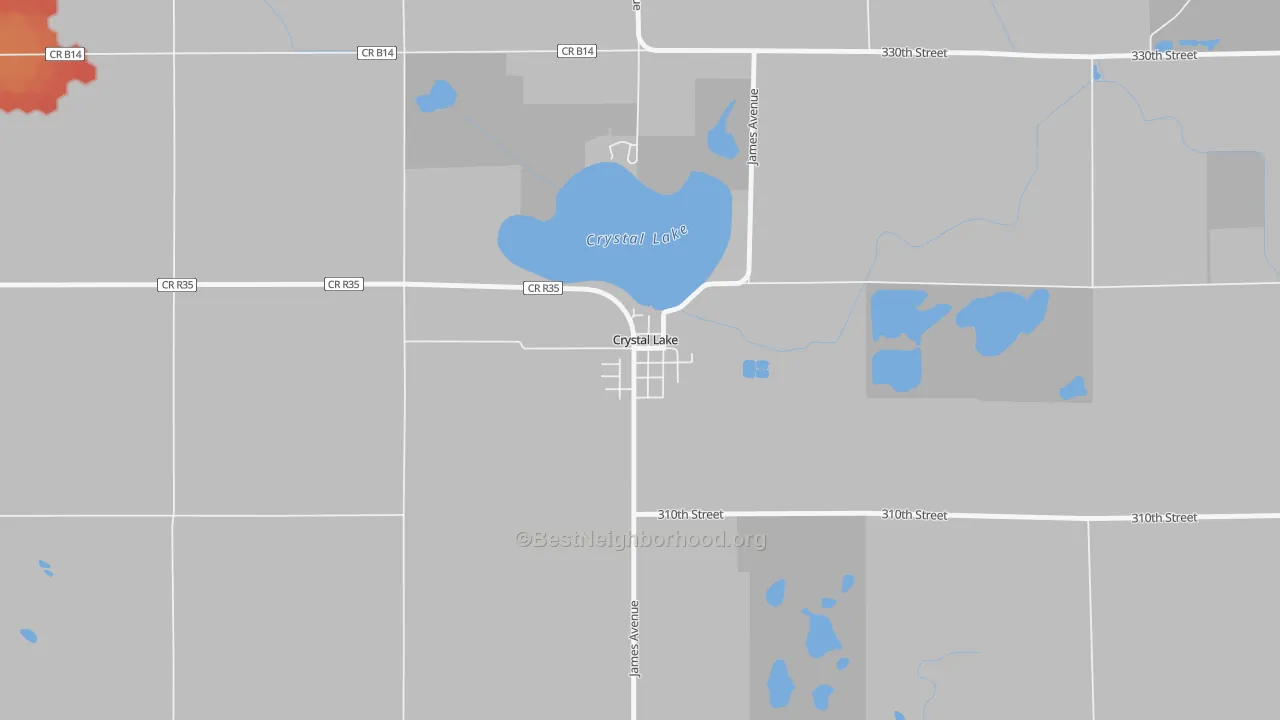 Walk Grade map of 50432, IA, walkable areas in green and car-dependent areas in red