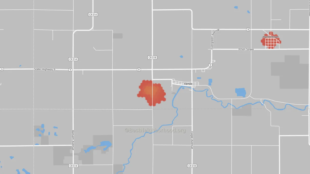 Walk Grade map of 50434, IA, walkable areas in green and car-dependent areas in red