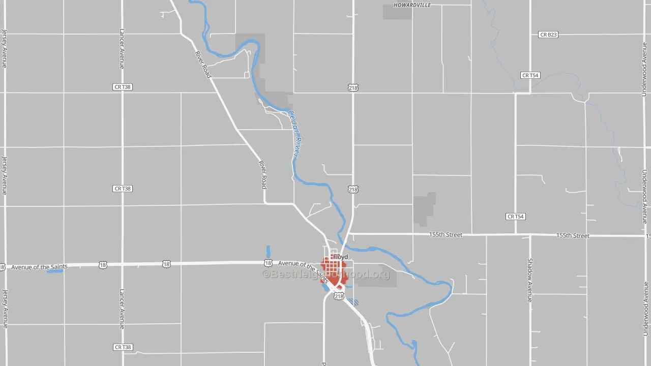 Walk Grade map of 50435, IA, walkable areas in green and car-dependent areas in red