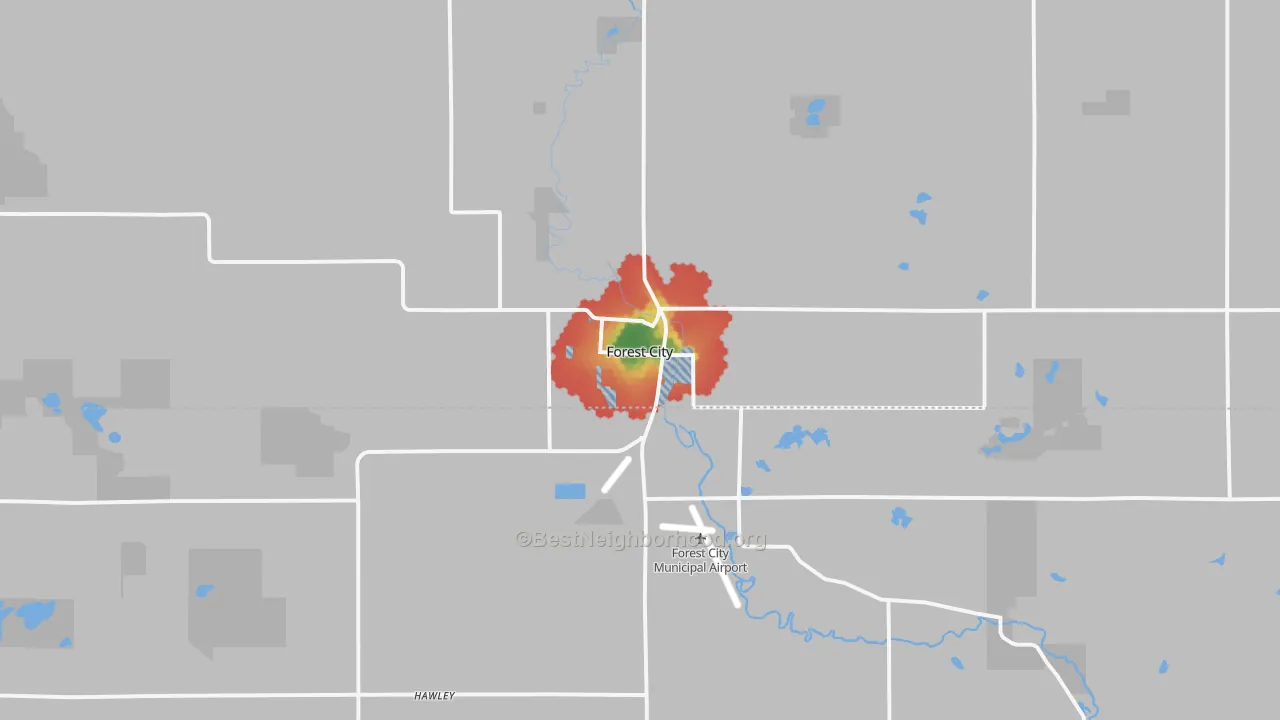 Walk Grade map of 50436, IA, walkable areas in green and car-dependent areas in red