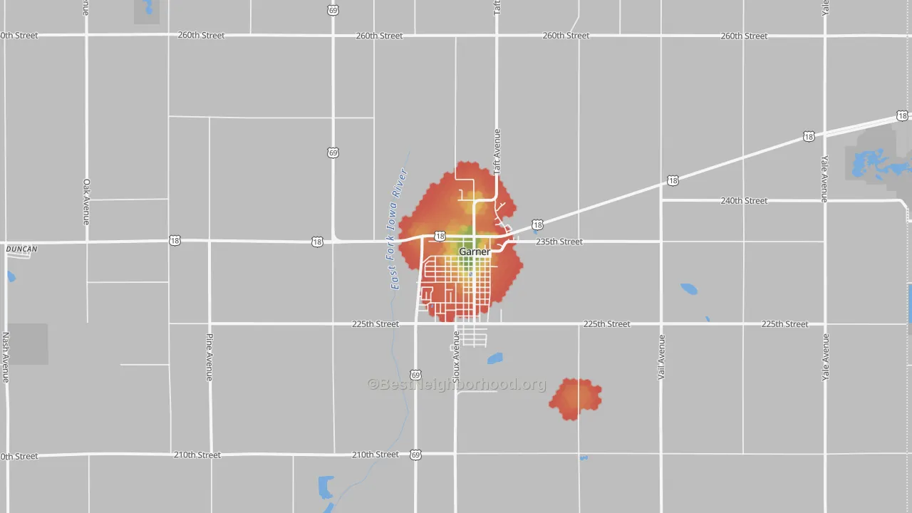 Walk Grade map of 50438, IA, walkable areas in green and car-dependent areas in red