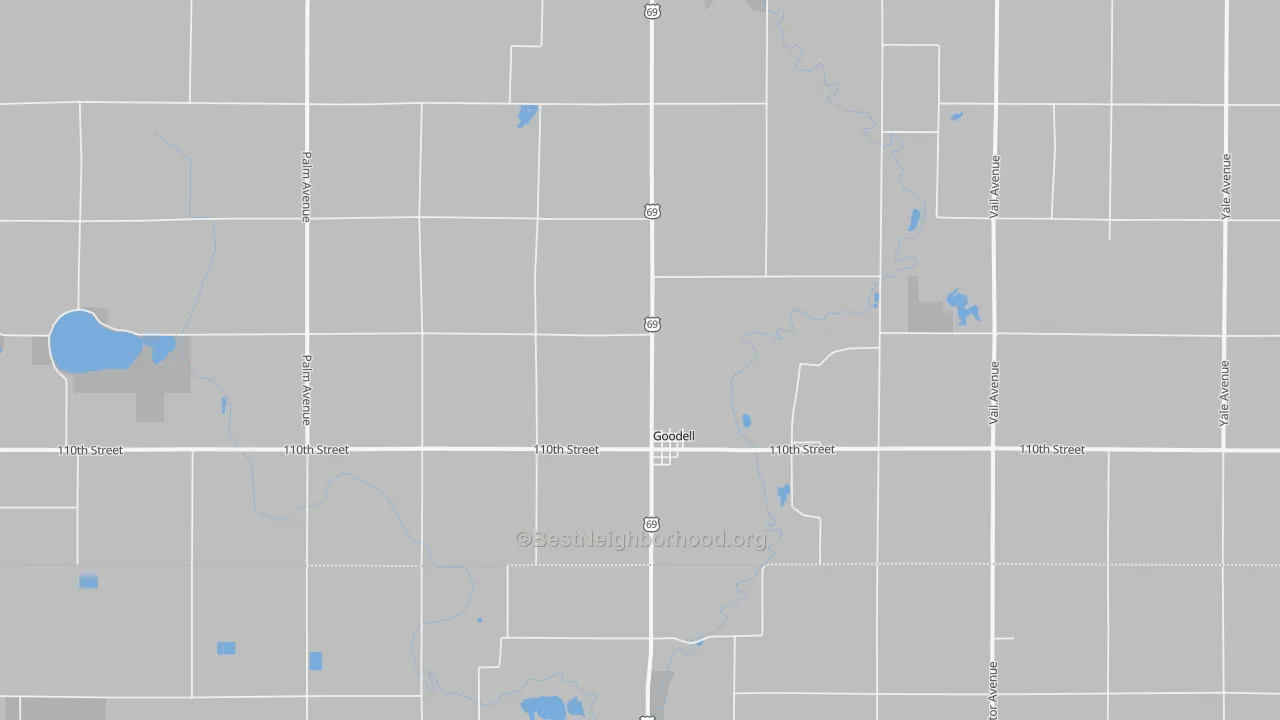 Walk Grade map of 50439, IA, walkable areas in green and car-dependent areas in red