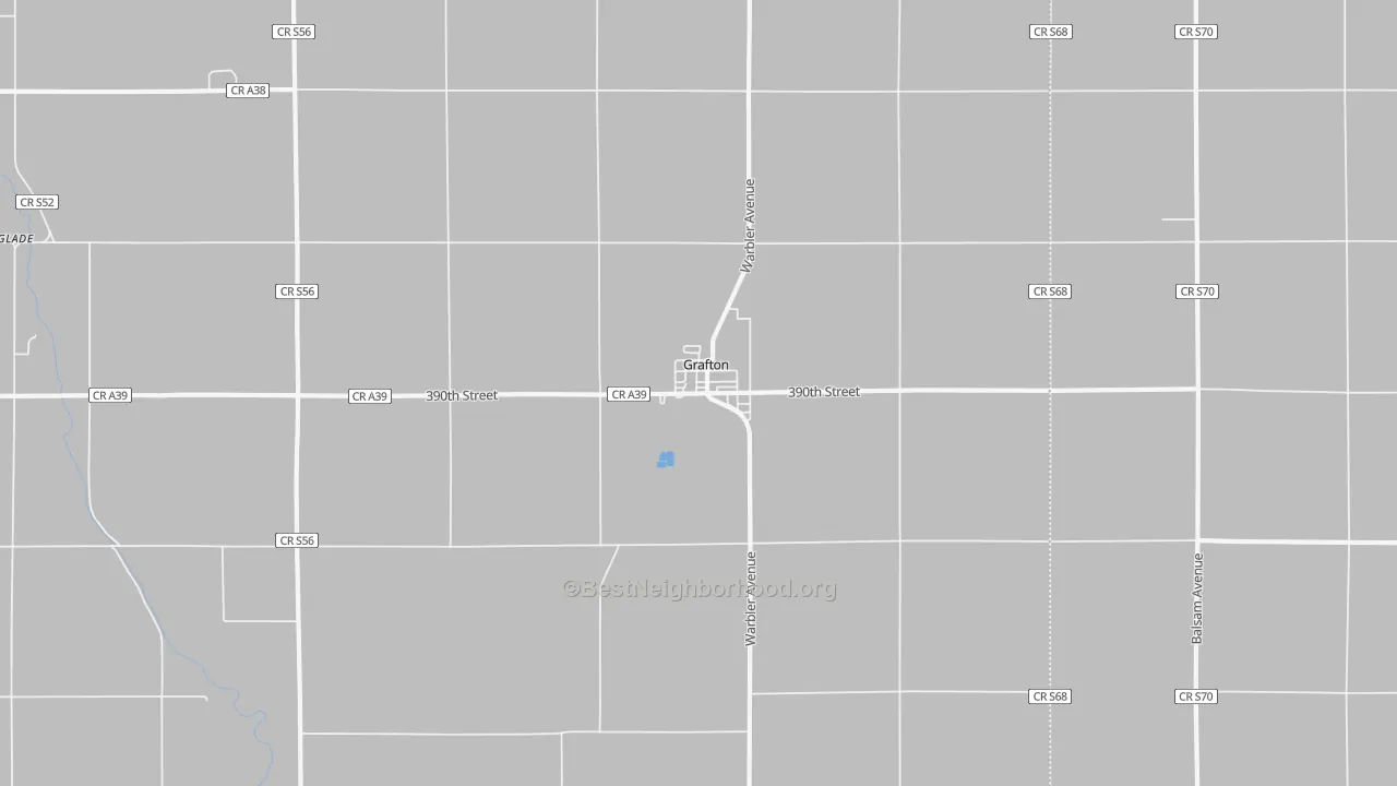 Walk Grade map of 50440, IA, walkable areas in green and car-dependent areas in red