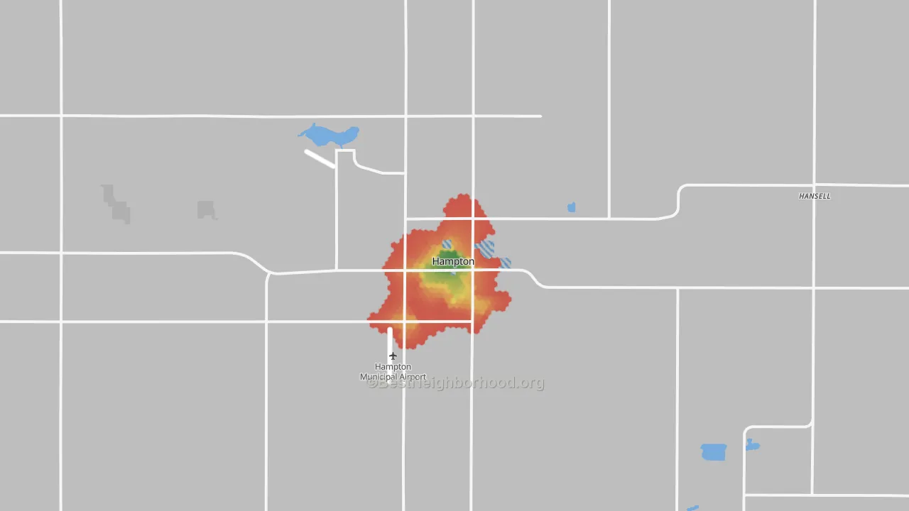 Walk Grade map of 50441, IA, walkable areas in green and car-dependent areas in red