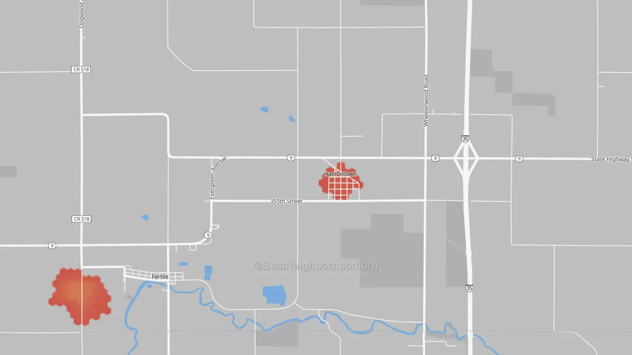 Walk Grade map of 50444, IA, walkable areas in green and car-dependent areas in red