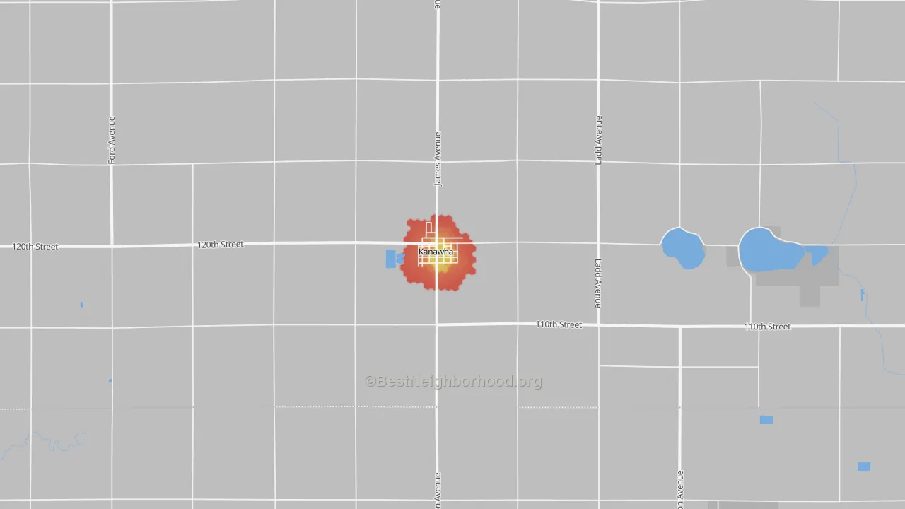 Walk Grade map of 50447, IA, walkable areas in green and car-dependent areas in red