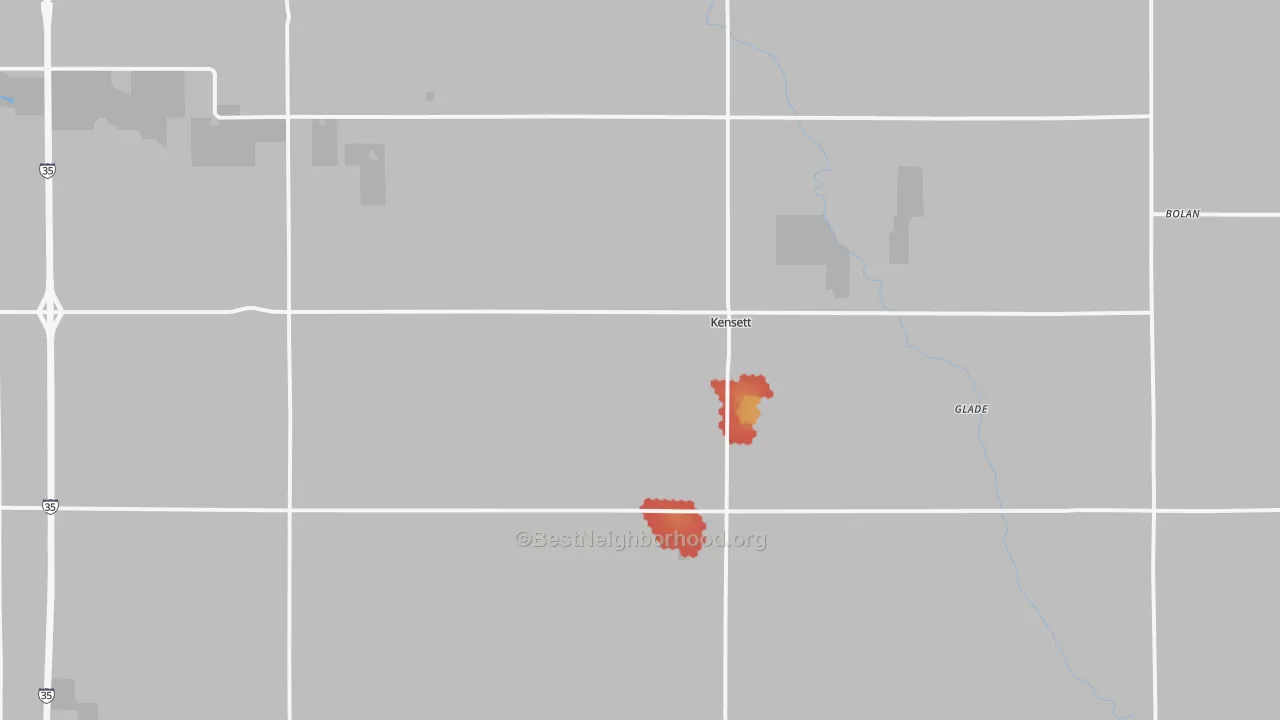 Walk Grade map of 50448, IA, walkable areas in green and car-dependent areas in red