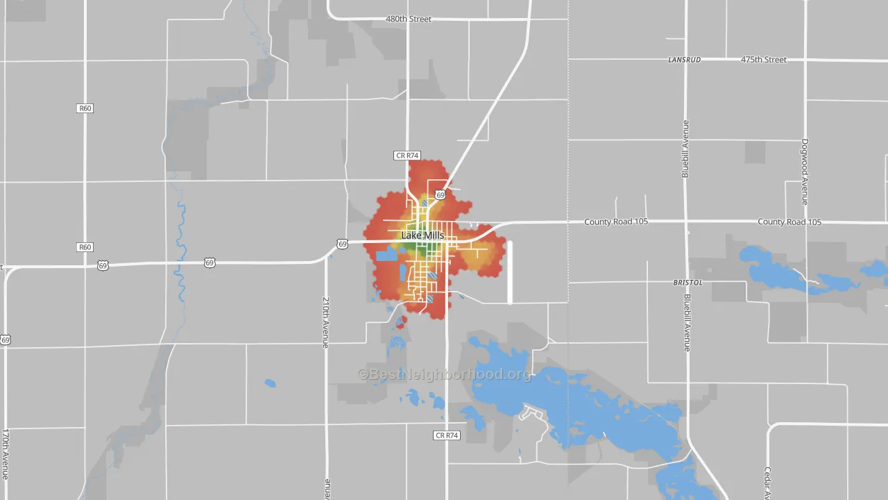 Walk Grade map of 50450, IA, walkable areas in green and car-dependent areas in red