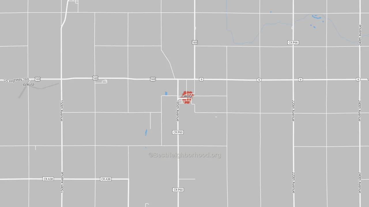 Walk Grade map of 50451, IA, walkable areas in green and car-dependent areas in red