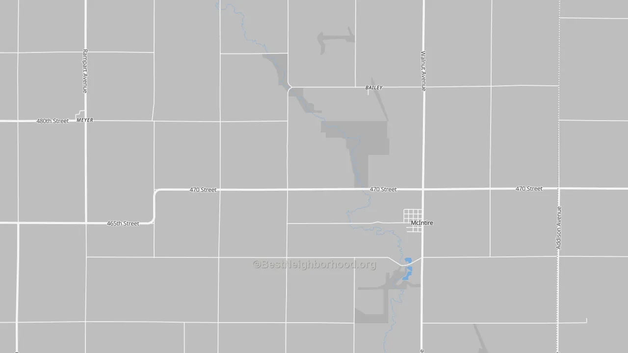 Walk Grade map of 50455, IA, walkable areas in green and car-dependent areas in red