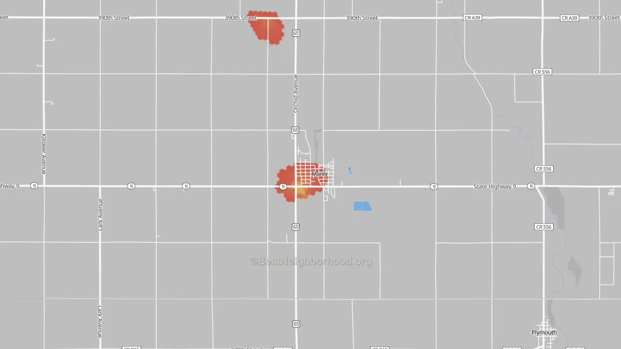 Walk Grade map of 50456, IA, walkable areas in green and car-dependent areas in red