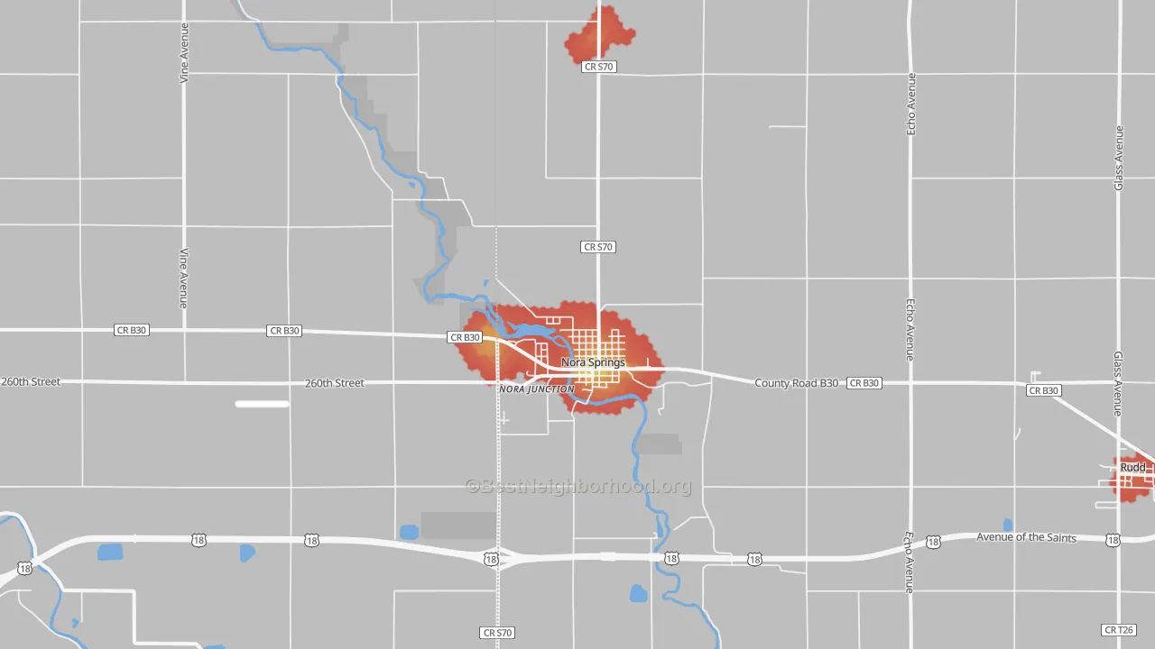 Walk Grade map of 50458, IA, walkable areas in green and car-dependent areas in red