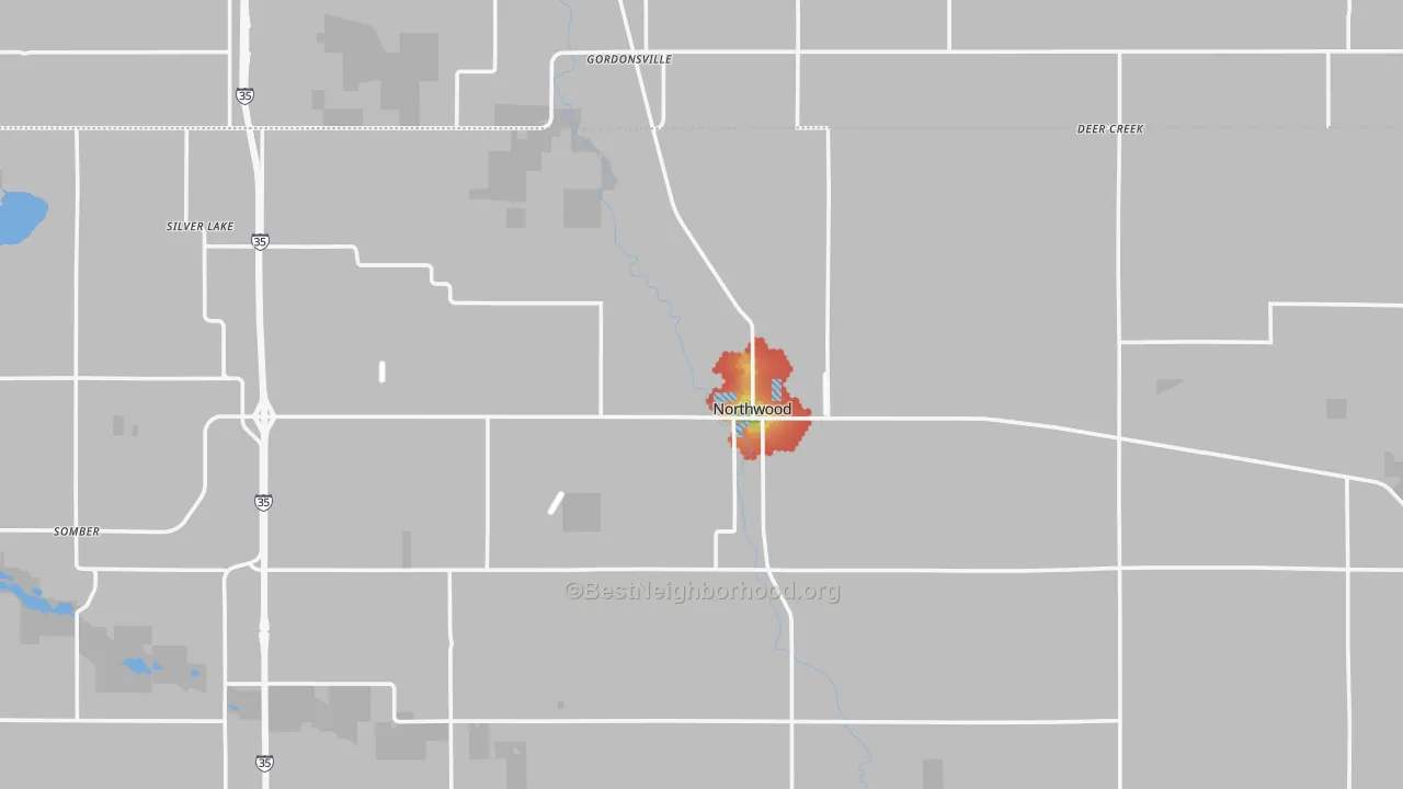 Walk Grade map of 50459, IA, walkable areas in green and car-dependent areas in red