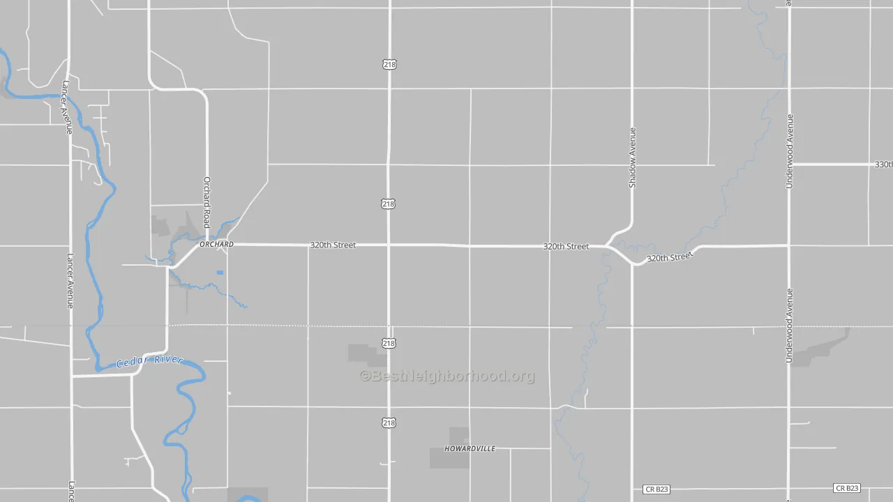 Walk Grade map of 50460, IA, walkable areas in green and car-dependent areas in red