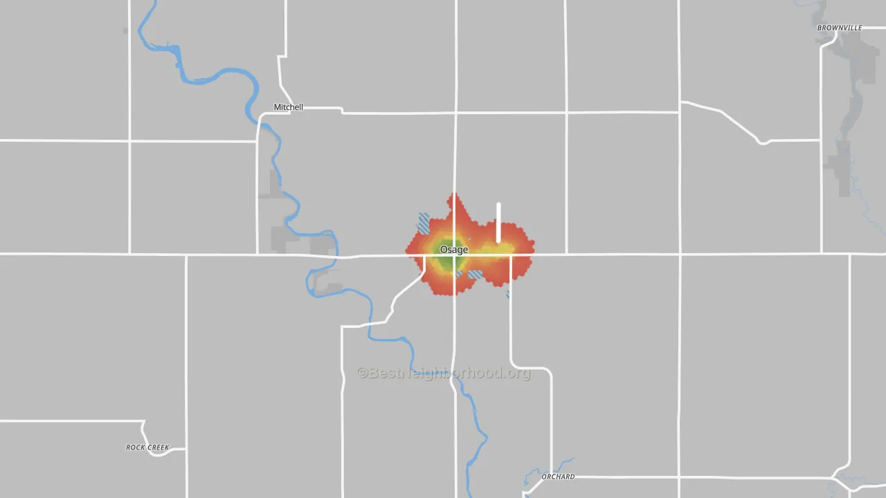 Walk Grade map of 50461, IA, walkable areas in green and car-dependent areas in red