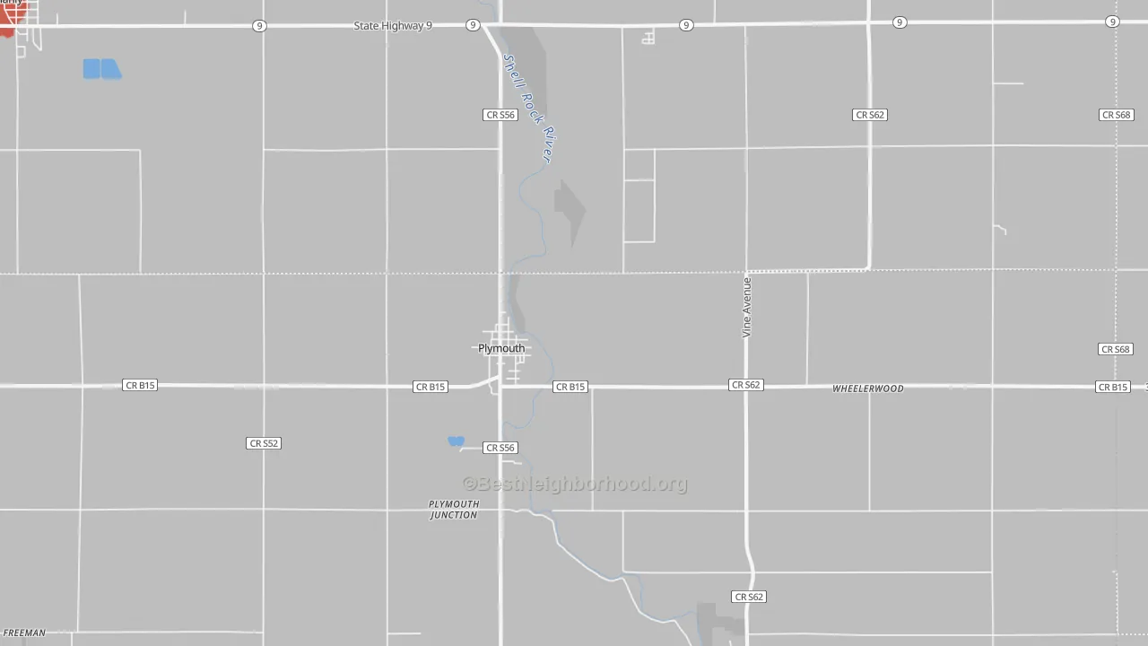 Walk Grade map of 50464, IA, walkable areas in green and car-dependent areas in red