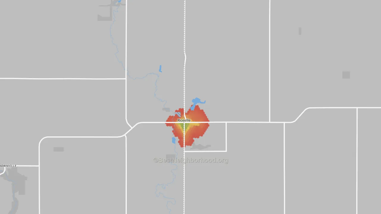 Walk Grade map of 50466, IA, walkable areas in green and car-dependent areas in red