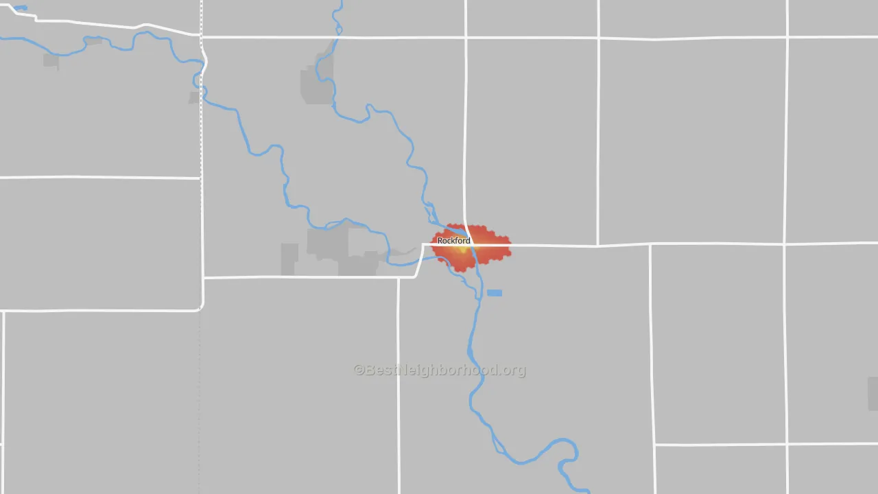 Walk Grade map of 50468, IA, walkable areas in green and car-dependent areas in red