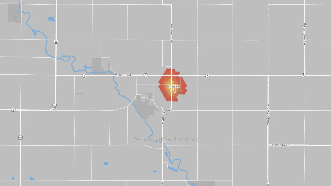 Walk Grade map of 50470, IA, walkable areas in green and car-dependent areas in red