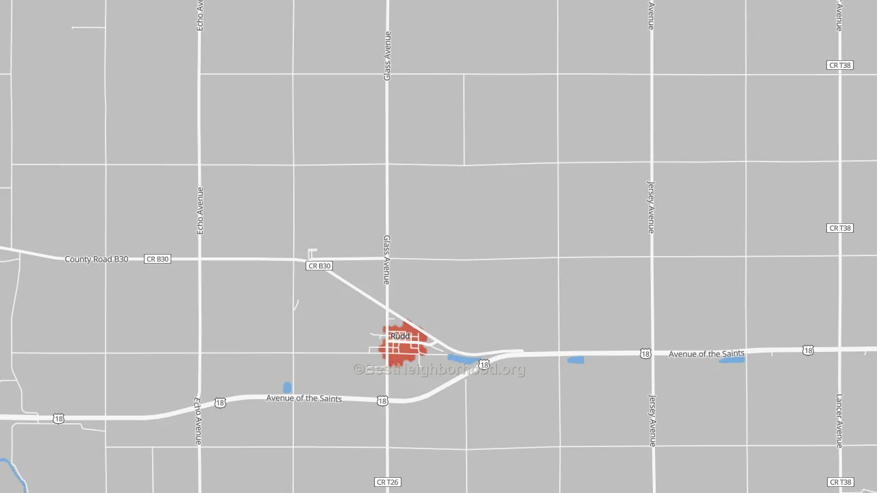 Walk Grade map of 50471, IA, walkable areas in green and car-dependent areas in red