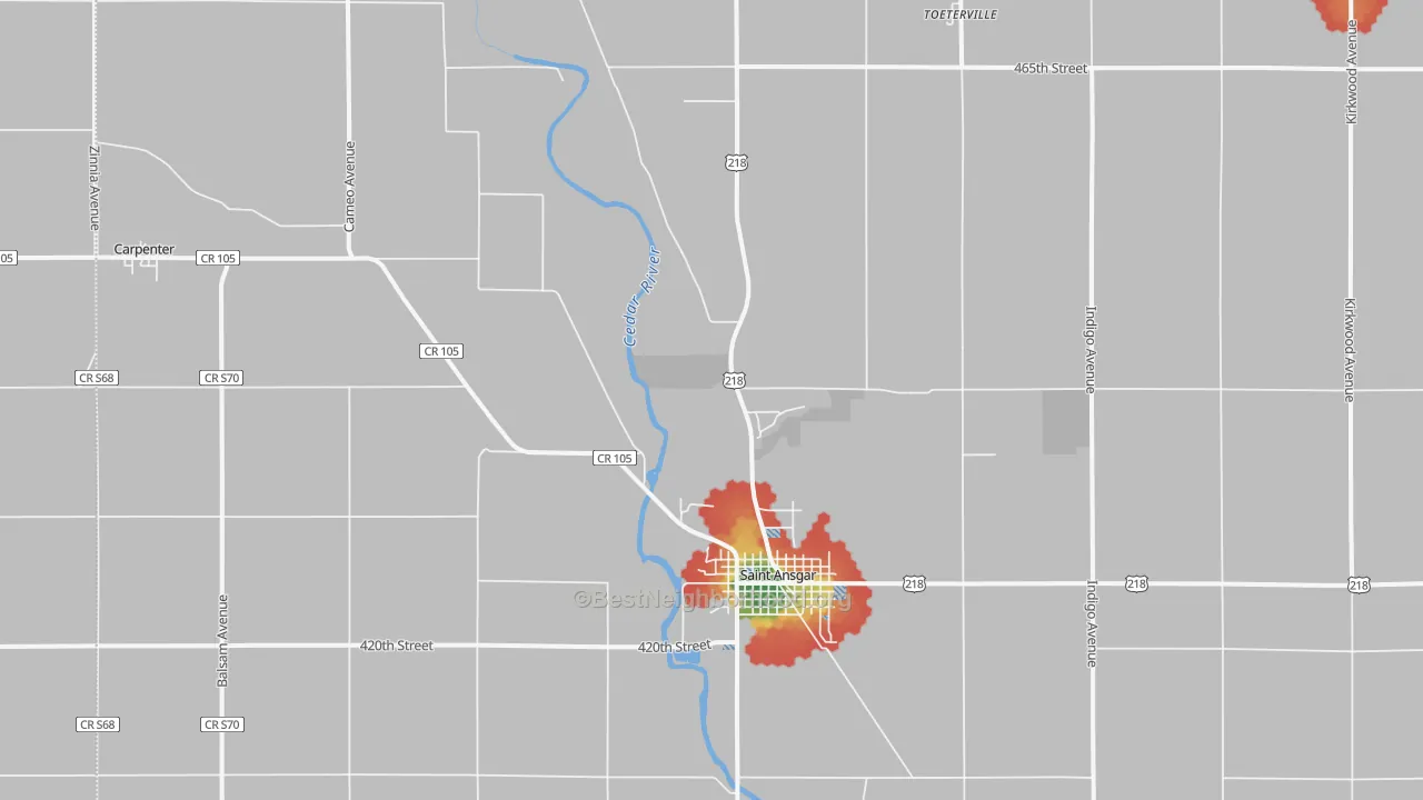Walk Grade map of 50472, IA, walkable areas in green and car-dependent areas in red