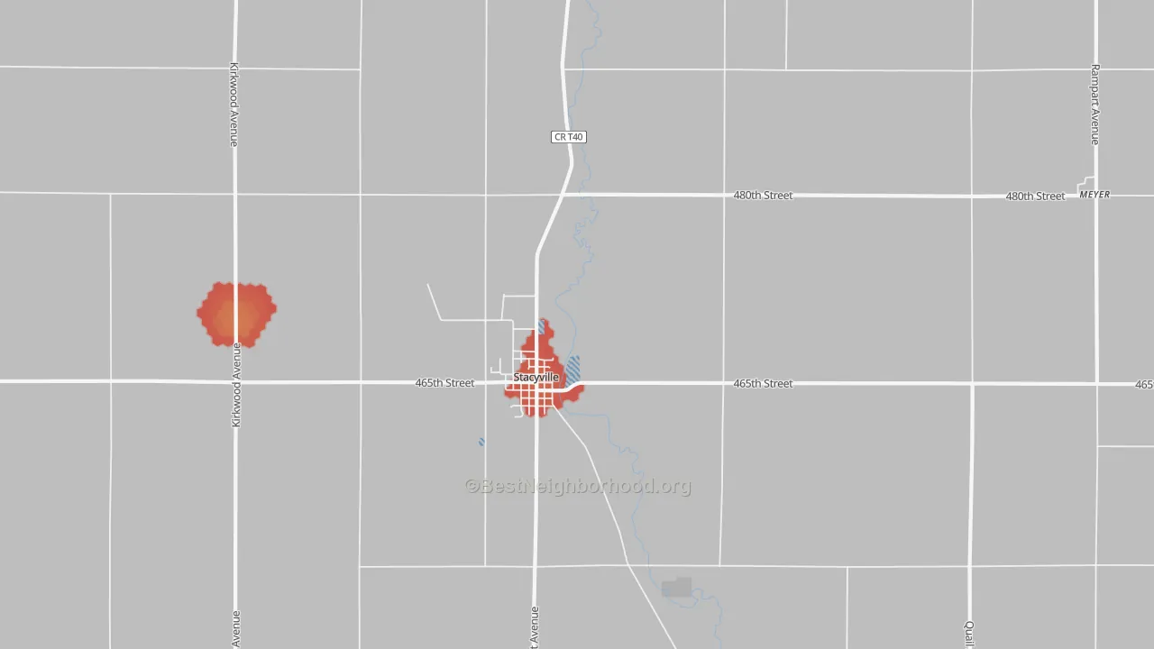 Walk Grade map of 50476, IA, walkable areas in green and car-dependent areas in red