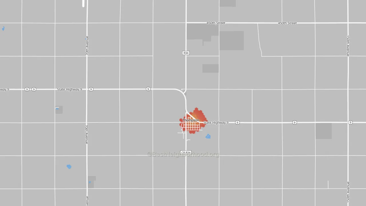 Walk Grade map of 50478, IA, walkable areas in green and car-dependent areas in red