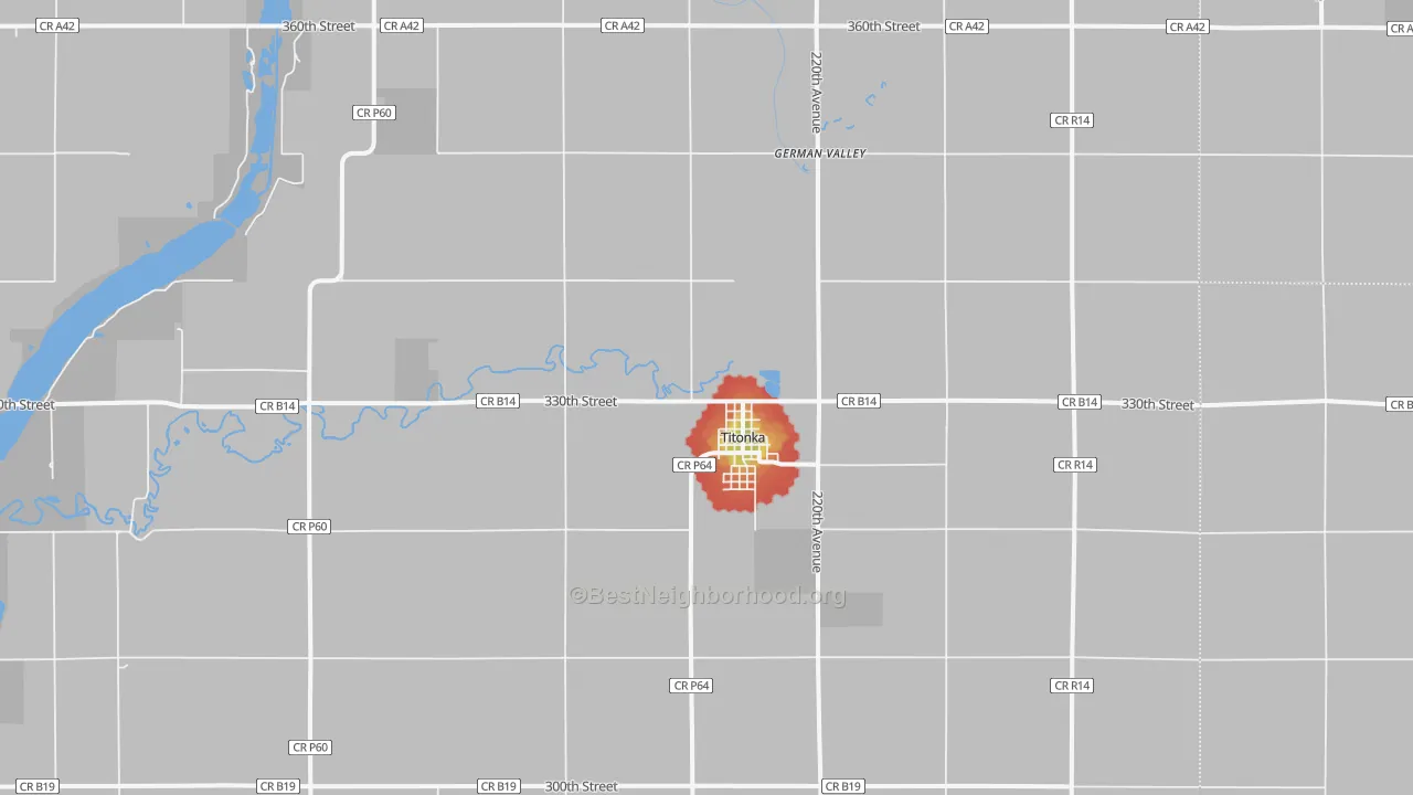 Walk Grade map of 50480, IA, walkable areas in green and car-dependent areas in red