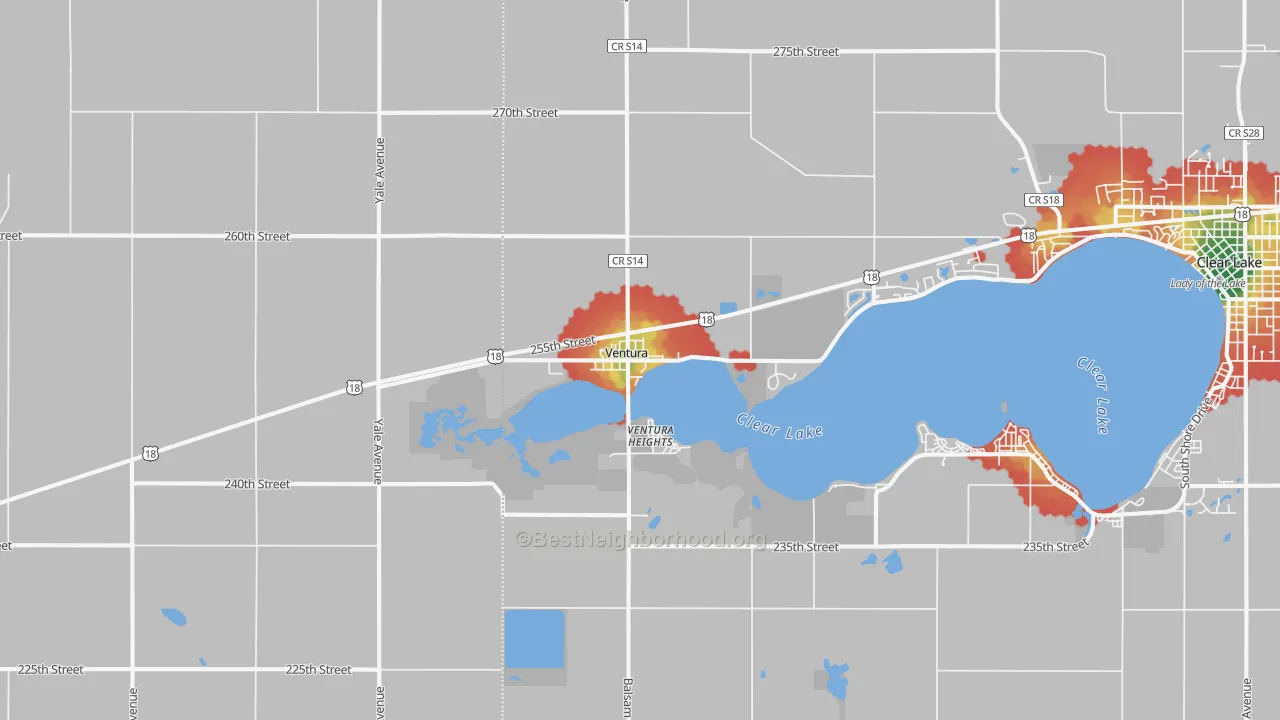 Walk Grade map of 50482, IA, walkable areas in green and car-dependent areas in red