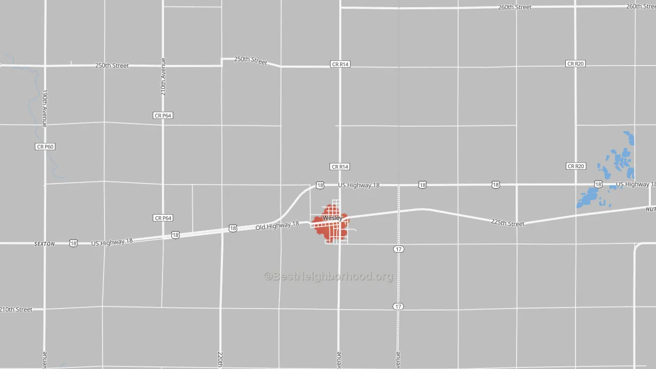 Walk Grade map of 50483, IA, walkable areas in green and car-dependent areas in red