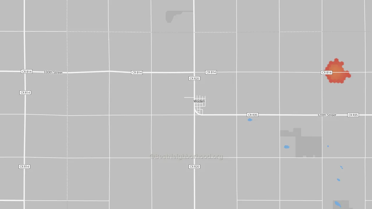 Walk Grade map of 50484, IA, walkable areas in green and car-dependent areas in red